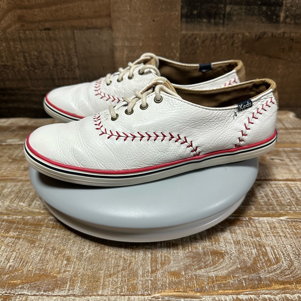 Keds Baseball Stitch Leather Shoes White Red Women’s Size 7 Lace-Up Sneakers - Picture 3 of 9